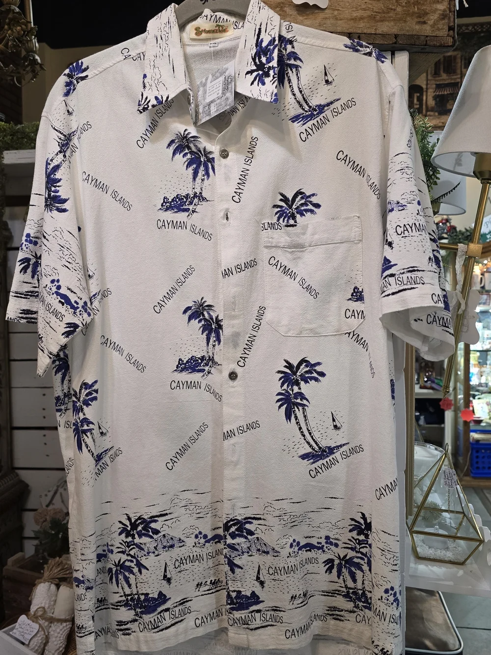 Cayman Islands Print Short-Sleeve Shirt - White with Navy Palm Print
